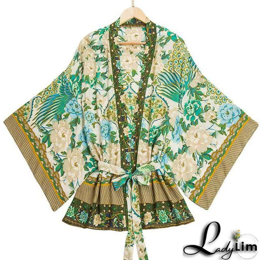 Boho Phoenix Blossom Print Belt Cardigan Kimono Outerwear