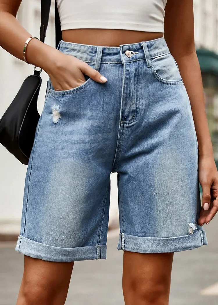 New Light Blue Hole Pockets High Waist Denim Shorts Summer