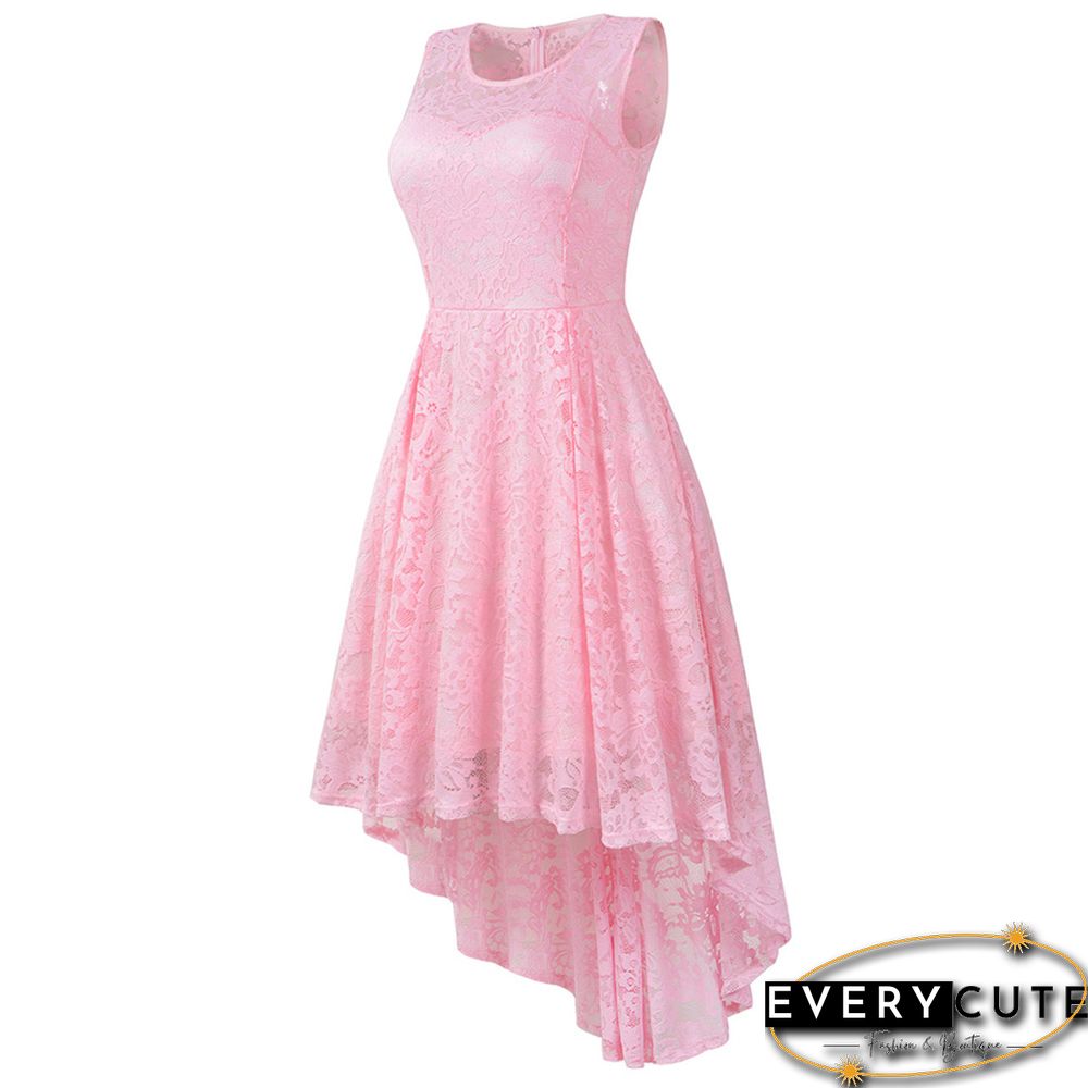 Pink Sleeveless High Low Lace Evening Dress