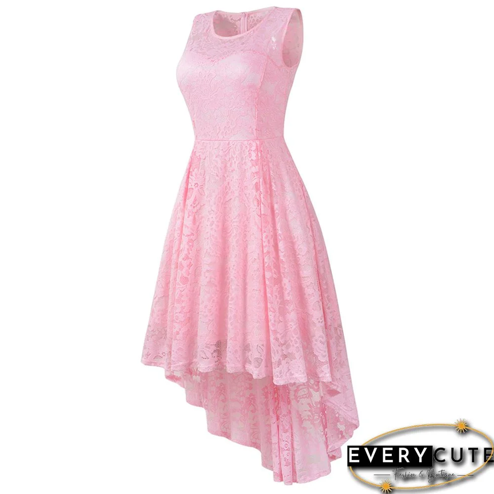 Pink Sleeveless High Low Lace Evening Dress