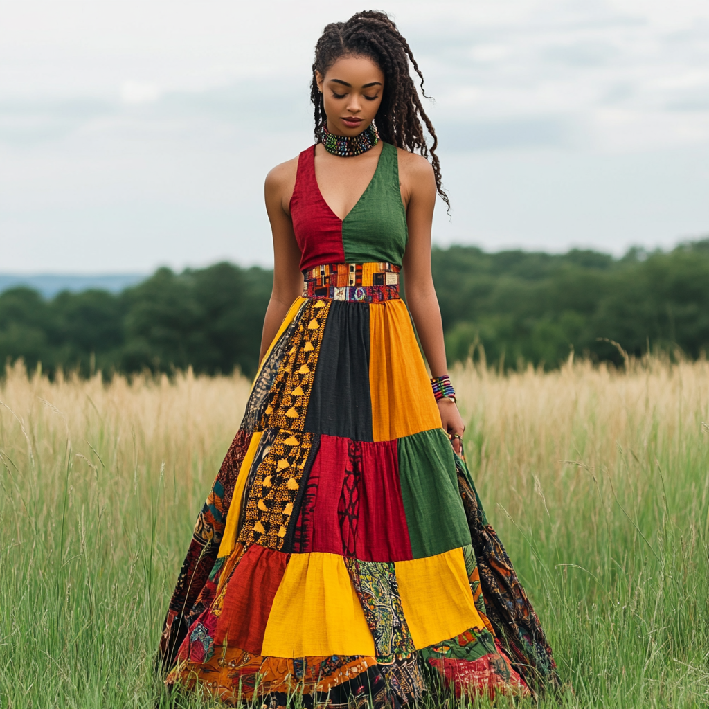 Women's African Colorful Patchwork Ethnic Art Linen Slip Dress