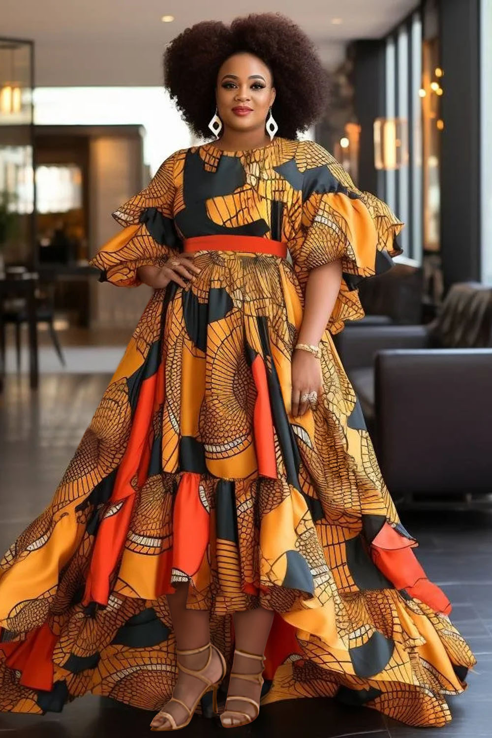 Design Plus Size Yellow All Over Print Round Neck Puff Sleeve Tiered Maxi Dresses [Pre-Order]