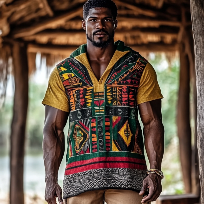 Men's Tribal Geometric Black Pride Juneteenth Geometric Hooded T-shirt