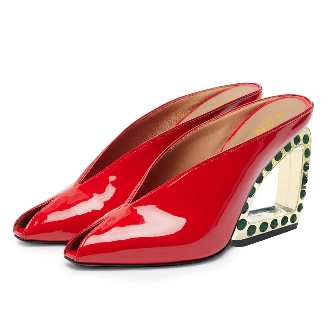 Red Patent Leather Peep Toe Rhinestone Sculptural Heel Mules Shoes