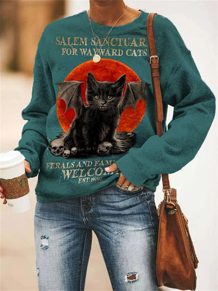 Vefave Halloween Spooky Black Cat Graphic Sweatshirt