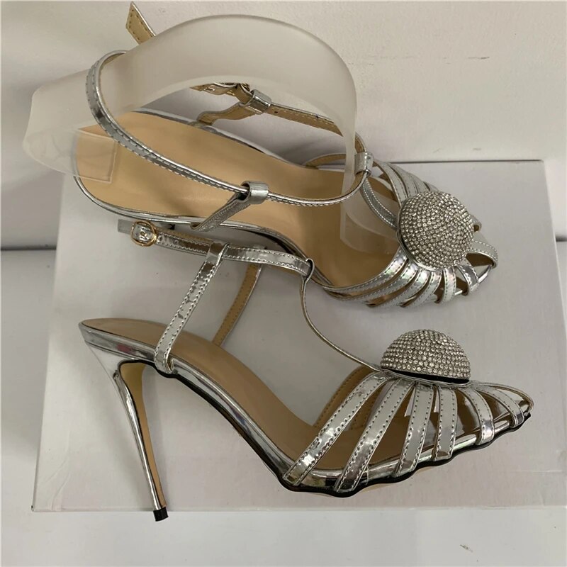 VCSHOES Jeweled Crystal Ball Banquet Shoes Woman Stiletto Heel Narrow Band T-strap Suede Rhinestone Sandals Women