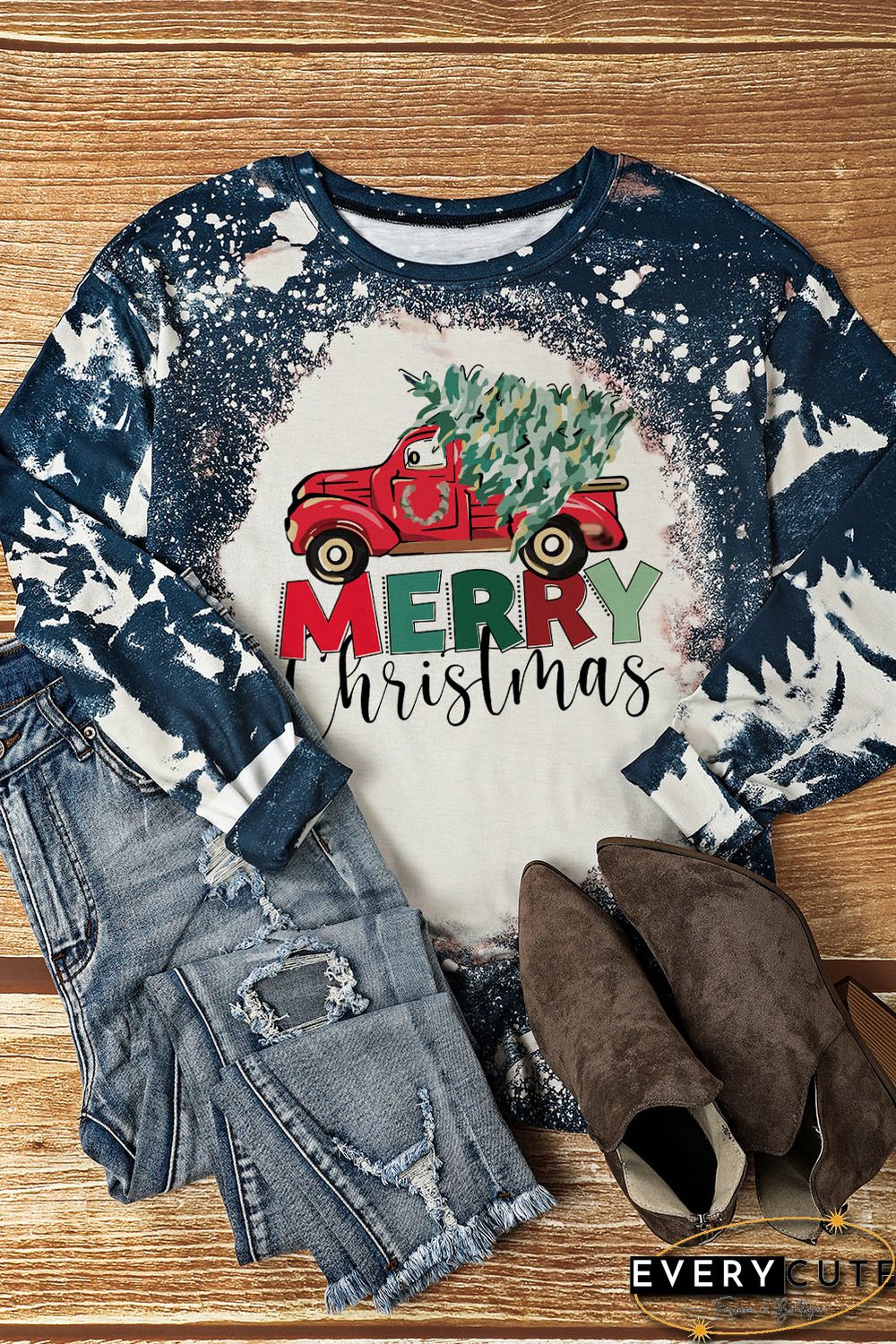 Multicolor MERRY Christmas Bleached Long Sleeve Top