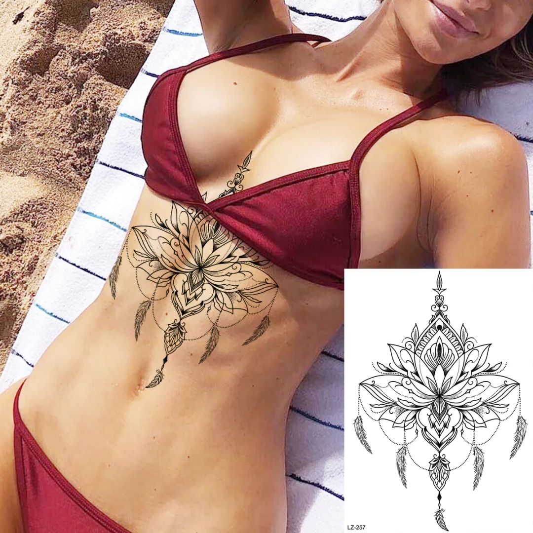 Sdrawing Rose Flower Moon Temporary Tattoos For Women Adult Pendant Peony Lotus Fake Tattoo Calf Thigh Body Art Waterproof Tatoos