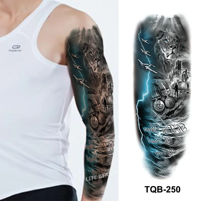 Sdrawing Temporary Full Arm Tattoos Man Women Cool Leg Art Tiger Wolf Black Sleeve Large Fake Sticker Glitter Multiple Style
