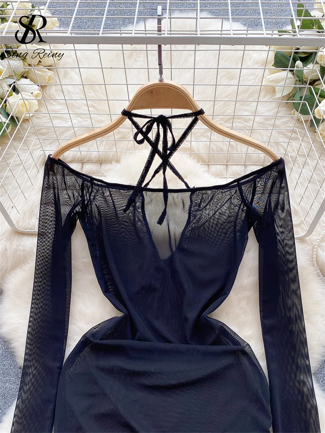 Uaang 2023 Sheer Mesh Mini Dress Women Halter Lace Up Drawstring Long Sleeved Backless Streetwear Hollow Out Sexy Bodydress