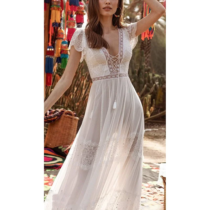 Ordifree 2022 Summer Women Long Beach Dress Lace Up Sexy Transparent White Lace Sexy Maxi Tunic Dress