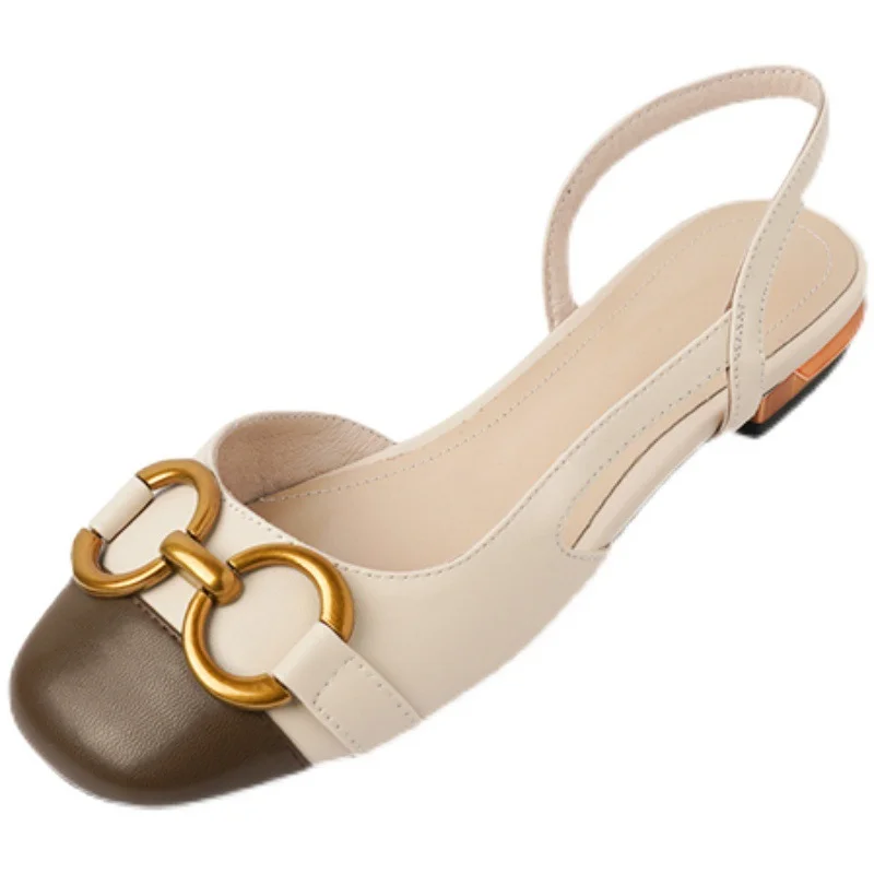 Breakj Breakj Show Temperament! Metal Buckle Small Fragrant Wind Bag Head Sandals Women Flat Bottom French Retro Color After Empty Single Shoe Tide