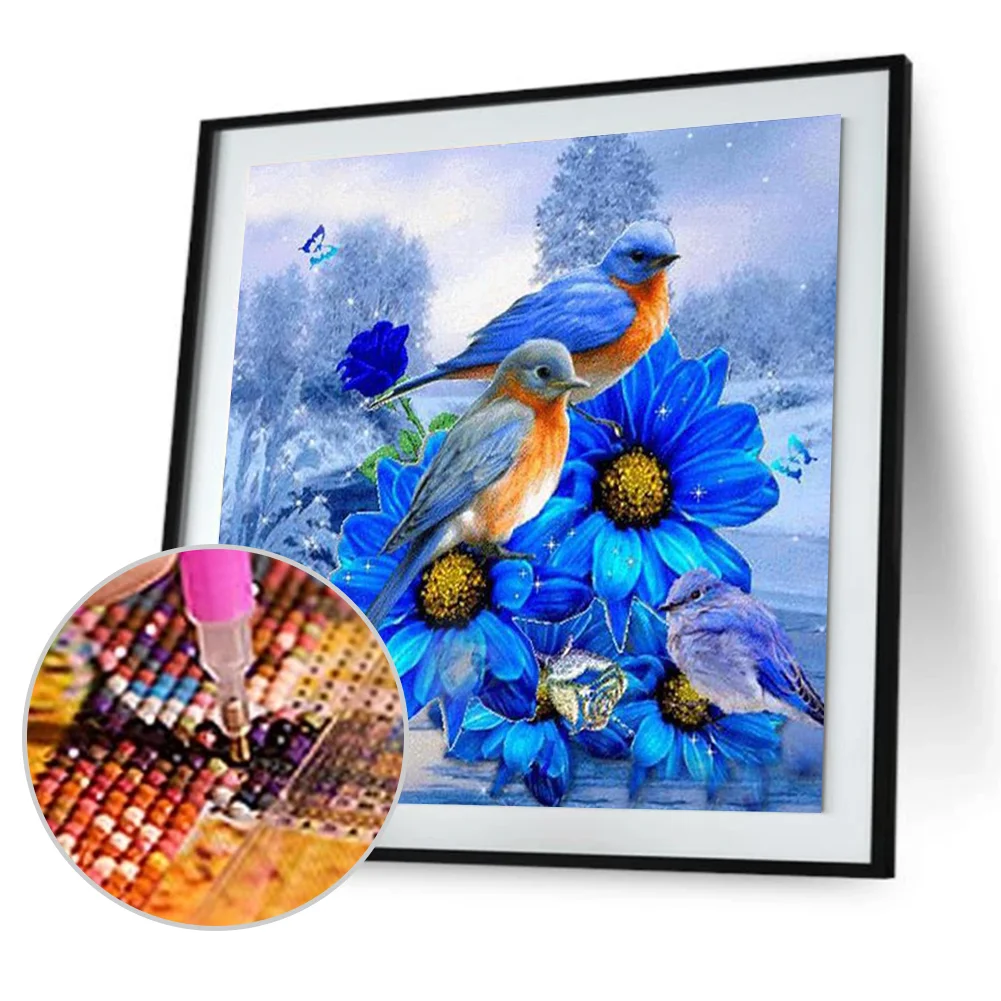 Diamond Painting - Full Round Drill - Blue Flower Bird(30*30cm)