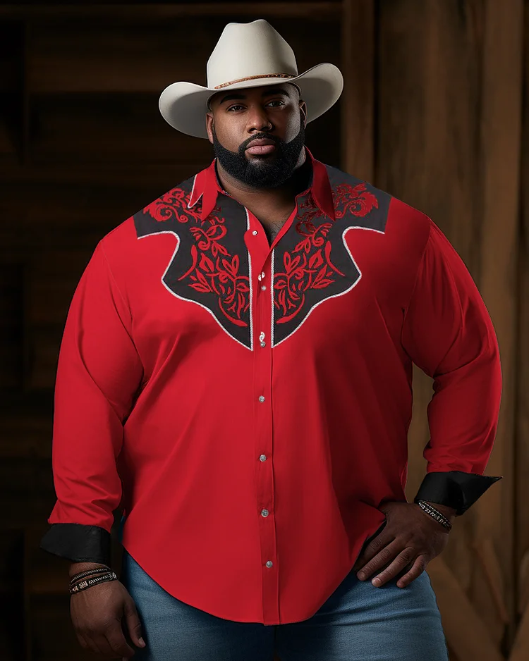 Men's Plus Size Western Denim Long Sleeve Pattern Lapel Red and Black Long Sleeve Shirt