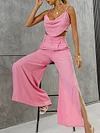 Spaghetti-Neck Ruffled Top+High-Waisted Split-Side Wide Leg Pants Two-Piece Suits