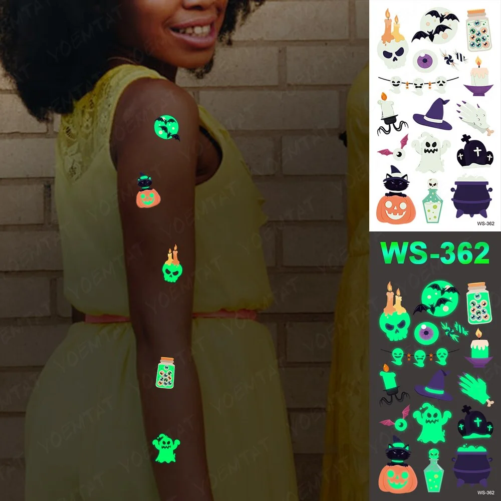 Sdrawing Temporary Luminous Tattoo Sticker Waterproof Pumpkin Skull Tatoo Arm Glowing Tattoos On Child Halloween Party Decor