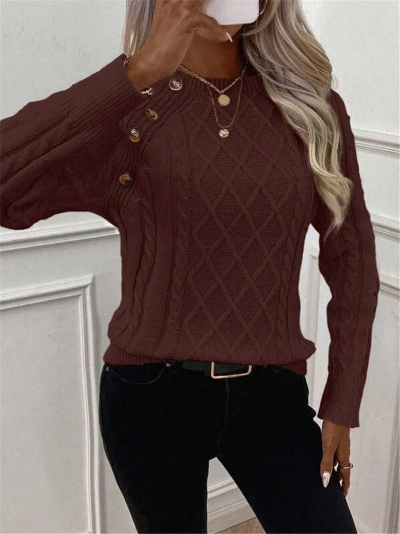 Athvotar Athvotar And Winter Button Design With Shoulder Sleeves Stifling Knitted Round-Neck Sweater