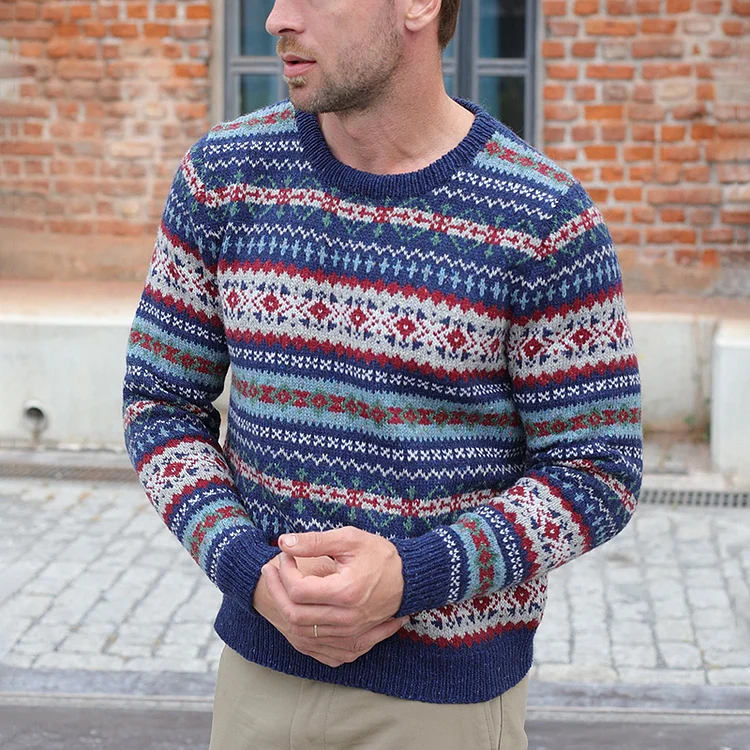 Comstylish Vintage Warmth  Knit Jacquard Icelandic Crew Neck Sweater