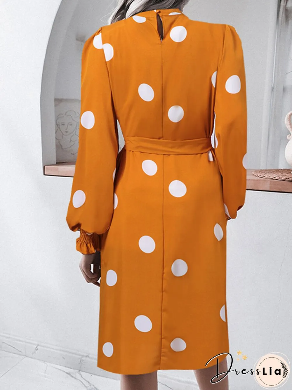 Dot Print Puff Long Sleeve Shirred Stand Collar Dress With Belt