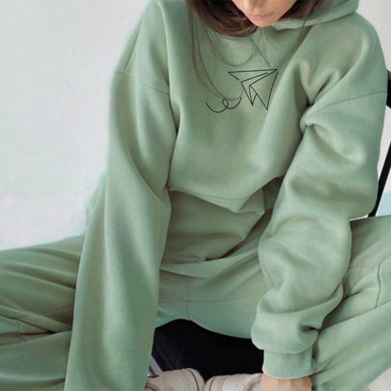 Women's Tracksuit Print Fleece Sportwear Suit Long Sleeve Oversize Female Hoodie Suits 2021 Sprig Casual Tracksuits Pants Set
