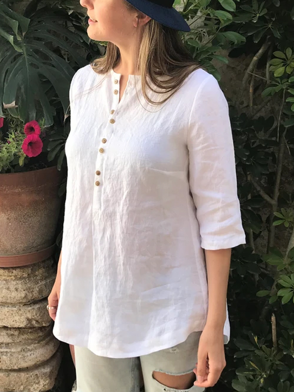 Button Solid Color Cotton and Linen Top hjn Shicloths