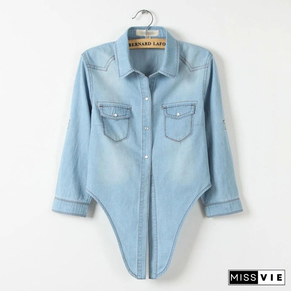 Front Tie Knot Denim shirt Crop Top Jean Blouse