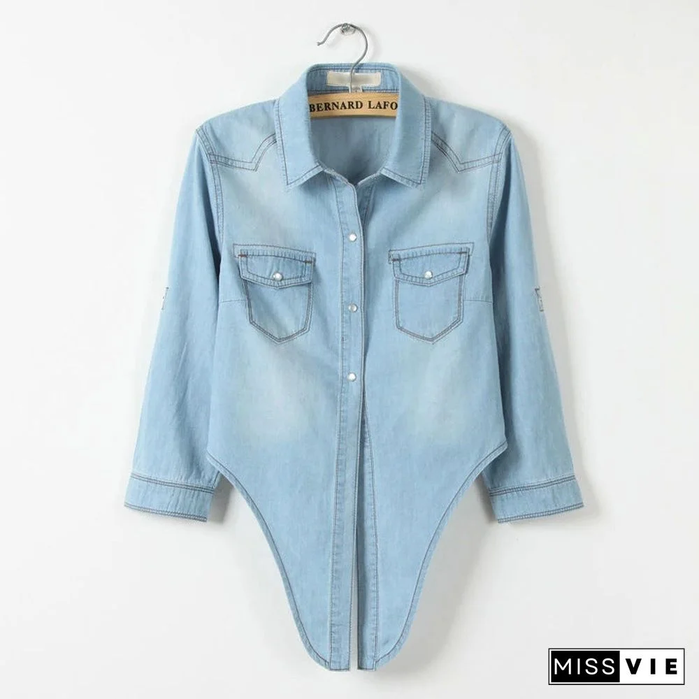 Front Tie Knot Denim shirt Crop Top Jean Blouse