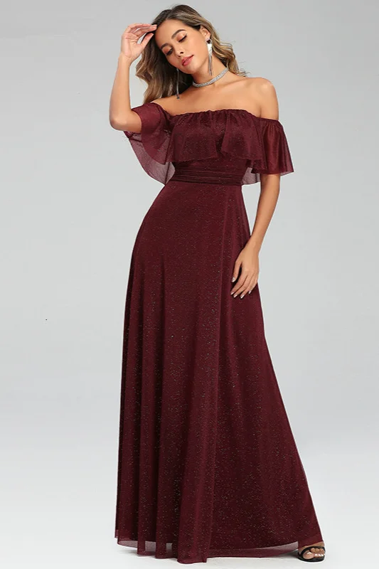 Off-the-Shoulder Burgundy Long Evening Prom Dress With Ruffles - lulusllly