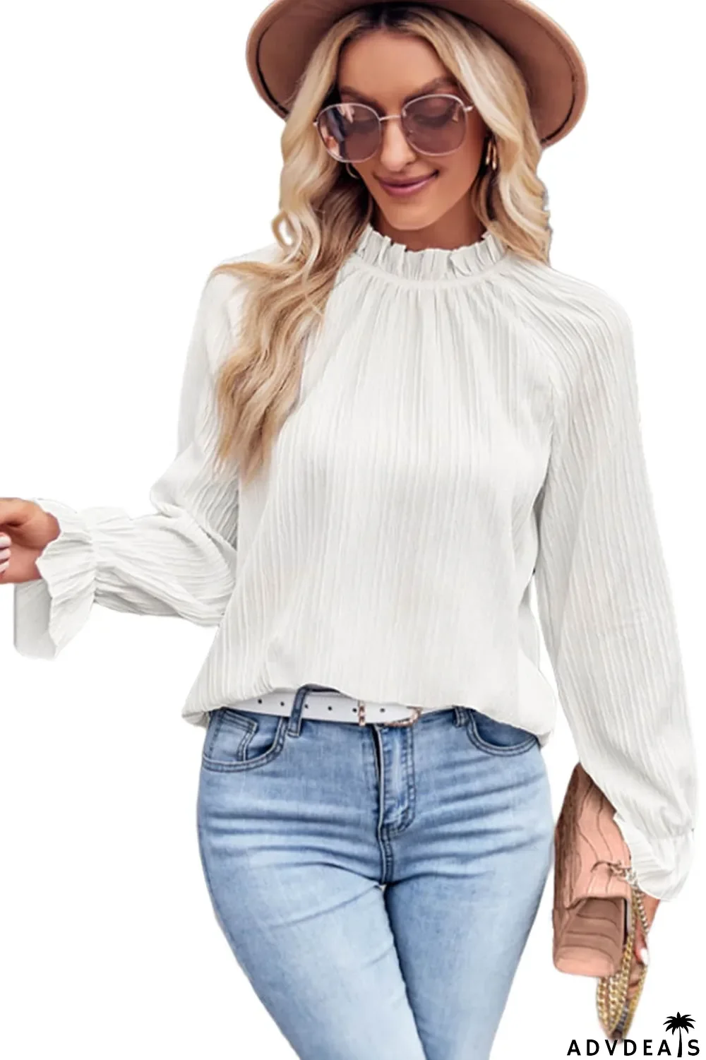 White Frilled Mock Neck Ripple Bubble Sleeve Blouse