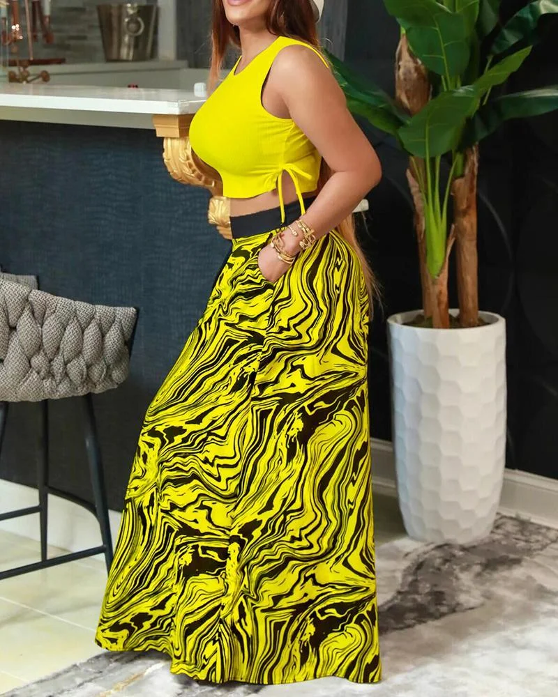 Two-piece suit of short vest + color-blocking wide-leg pants