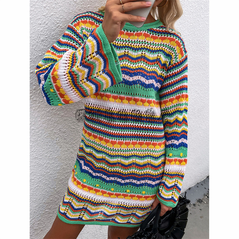 Fashion Knitted Contrast Color Dress Elegant Lady Casual Pullover Sweater Spring New Long Sleeve Round Neck Short Dress Women