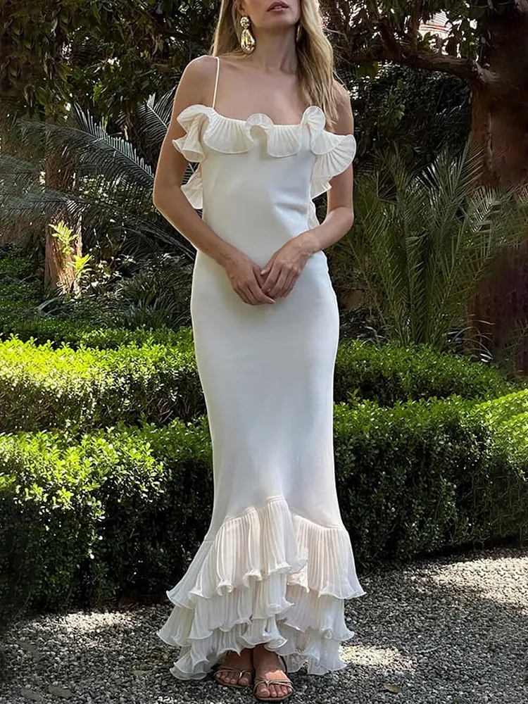 Elegant Pleated Chiffon Ruffle Trim Spaghetti Strap Maxi Dress