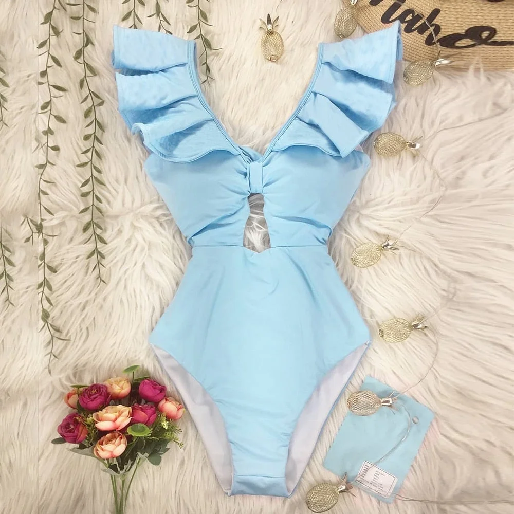 2022 New Sexy Ruffle Print Floral One Piece Strappy Slimming Swimwear Women Swimsuit Deep-V Bathing Suit Beach Wear Monkini