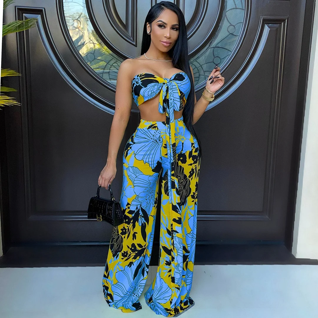 CM.YAYA Women Set Print Sleeveless Strapless Bandage Crop Tops Wide Leg Pants 2 Two Piece Sets Casual Fashion Streetwear Summer