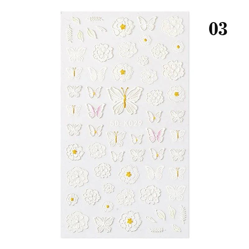 1PC French 5D Nail Sticker Embossed Flower Bubble Pattern Self-Adhesive Slider Wedding Design Nails Decals Nail Art Decoration-Nail Inspo