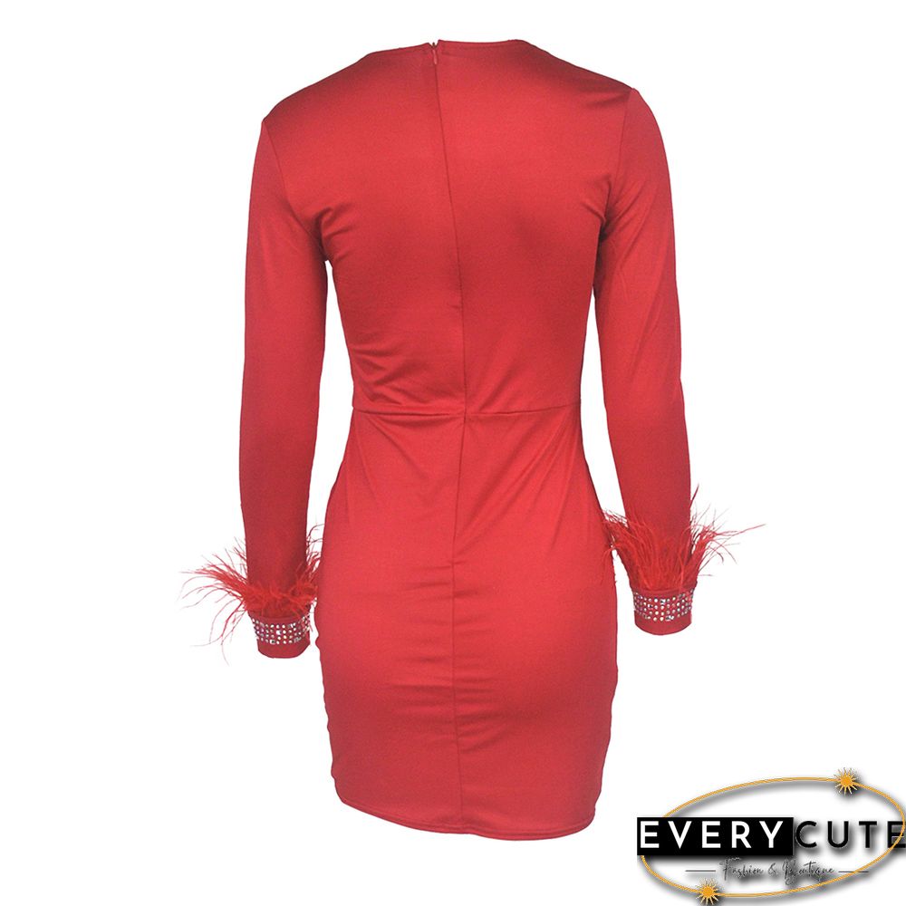 Red Mesh & Rhinestones & Feather Detail Bodycon Dress