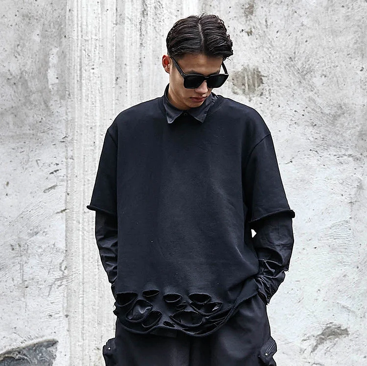 Dawfashion Techwear Streetwear-Japanese Dark Style Solid Color Four Seasons Versatile Hong Kong Style Sweatshirt Short Sleeve Shirts-Streetfashion-Darkwear-Techwear