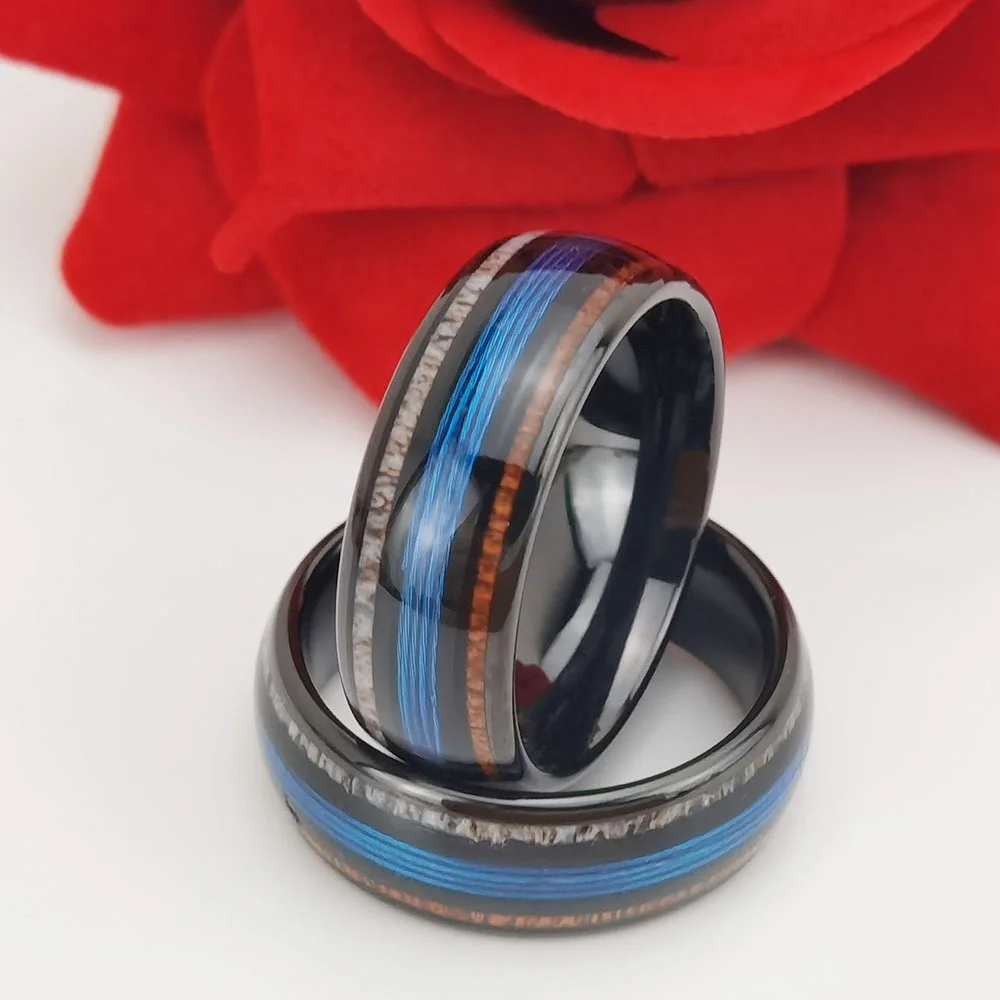 8MM Tungsten Dome Tungsten Carbide Rings with Wood and Opal Inlay Comfort Fit
