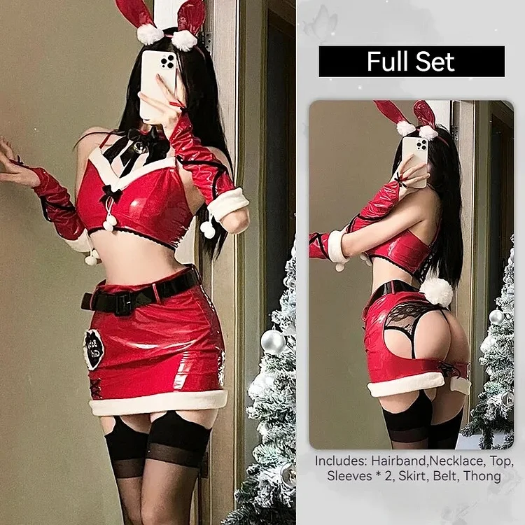 【Wetrose】In Stock 2023 Christmas Bunny Cosplay Costume Patent Leather Latex Suit Erotic Santa Elf Crotchless Sexy Girl Lingerie