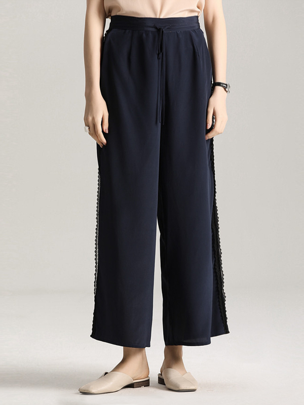 Lace Trim Drawstring Silk Pants