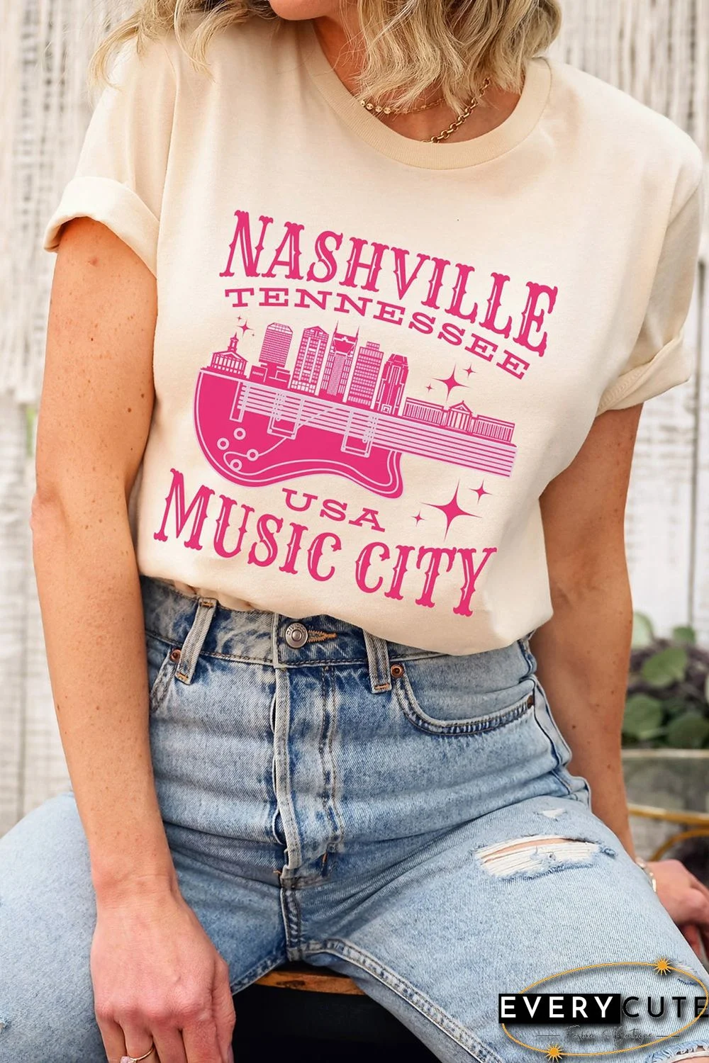 Khaki Nashville Music City Graphic Print Short Sleeve T Shirt