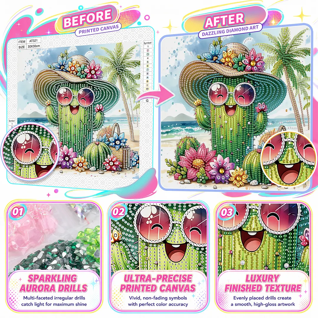 Beach Straw Hat Cactus Special Shaped 5D DIY Partial Drill Diamond Painting Kits for Adults Beginners Home Decor Diamonds Paintings Gem Art 11.81 X11.81inch