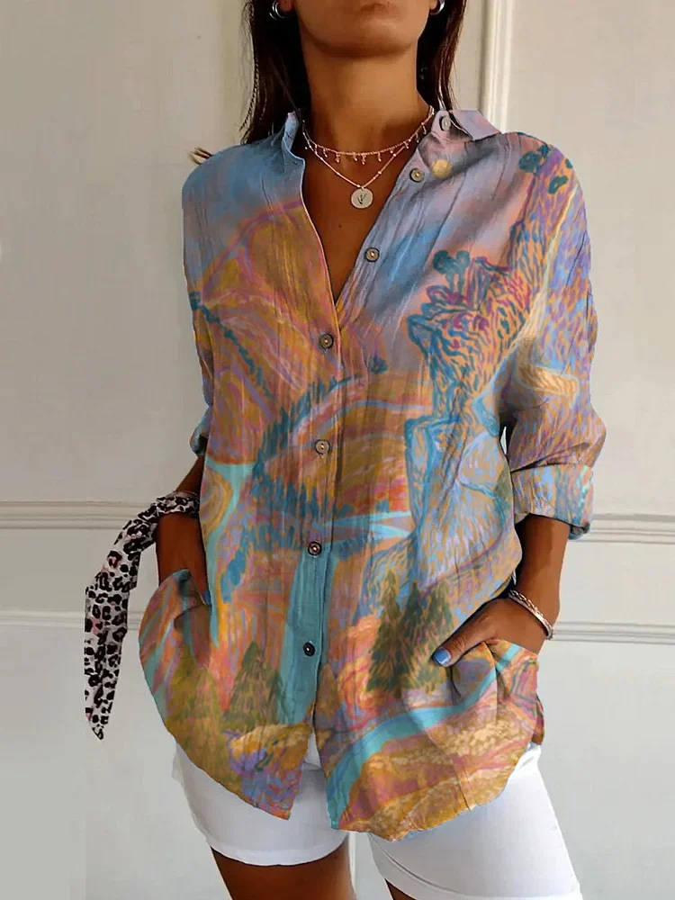 Retro Landscape Art Print Casual Long Sleeve Shirt