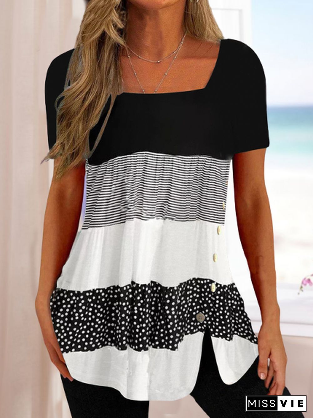Striped Square Neck Loose T-Shirt