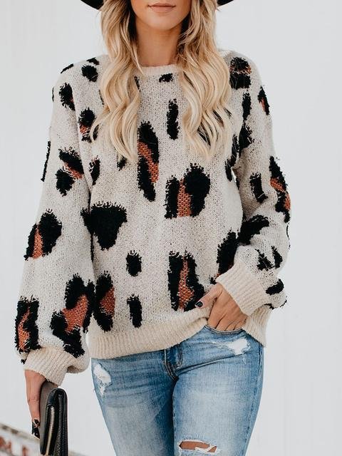 Leopard Knit Round Neck Sweater-elleschic
