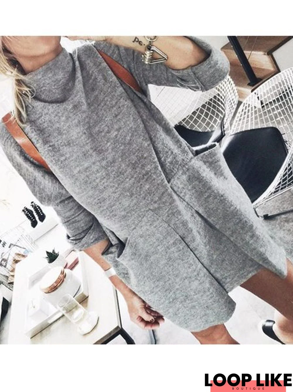 Gray Plain Cotton Casual Turtleneck Knitting Dress