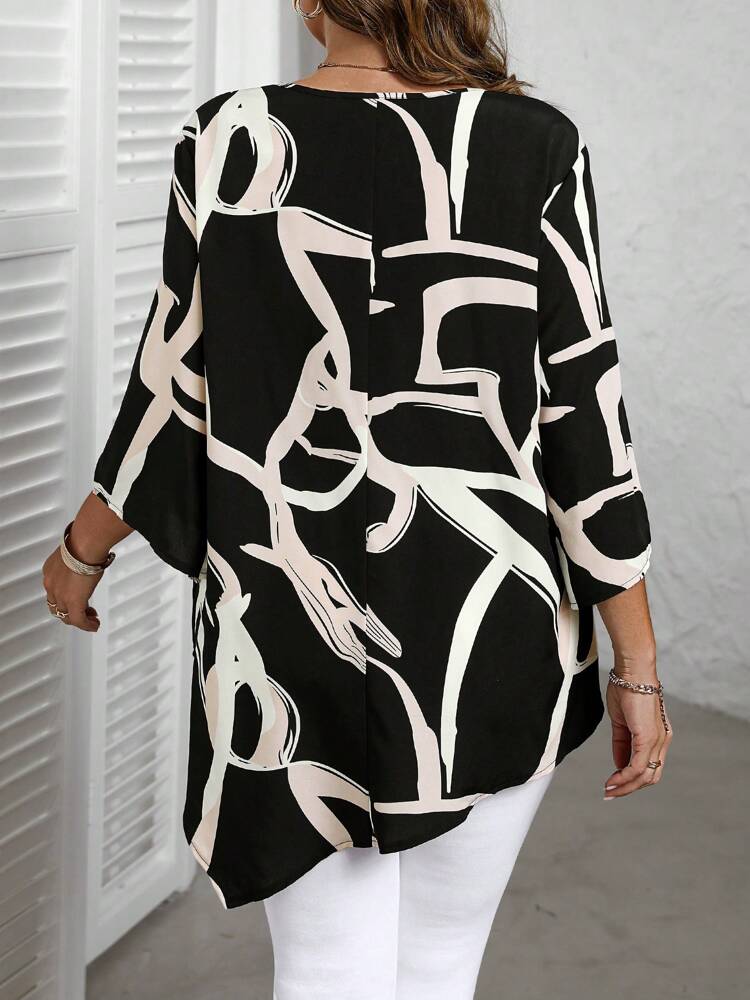 Plus Size Round Neck Long Sleeve All-Over Allover Print Fashionable Shirt