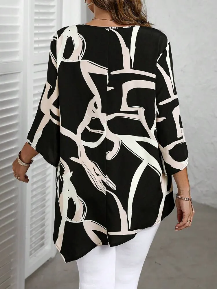 Plus Size Round Neck Long Sleeve All-Over Allover Print Fashionable Shirt