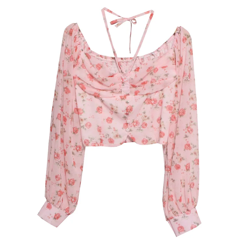 Uveng Sexy One-Word Shoulder Hanging Neck Chopped Spicy Shirt Female Design Sense Small Short To Take Long Sleeves Hottie Top 8831