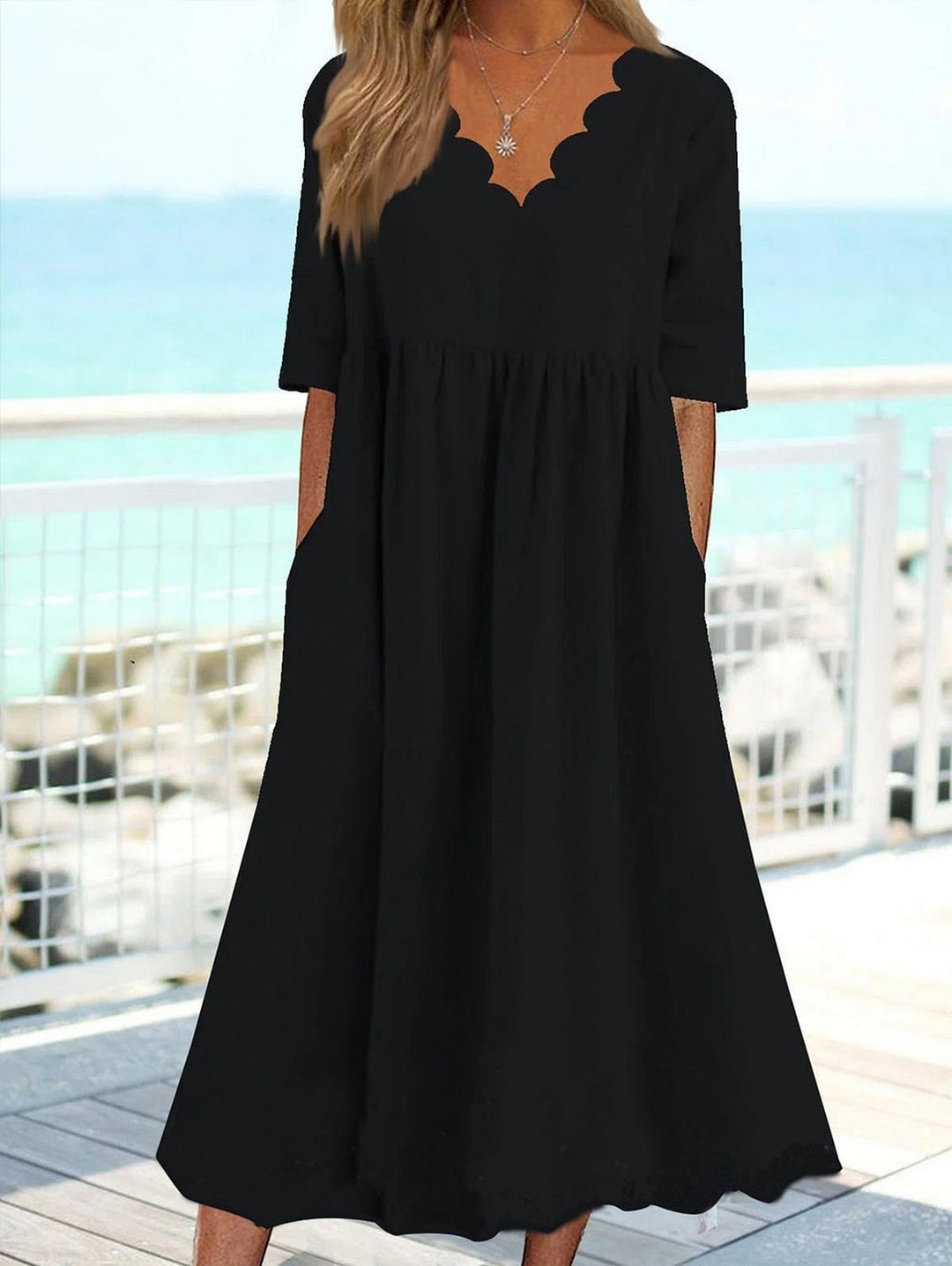Scallop Neck High Waist Half Sleeve Dress